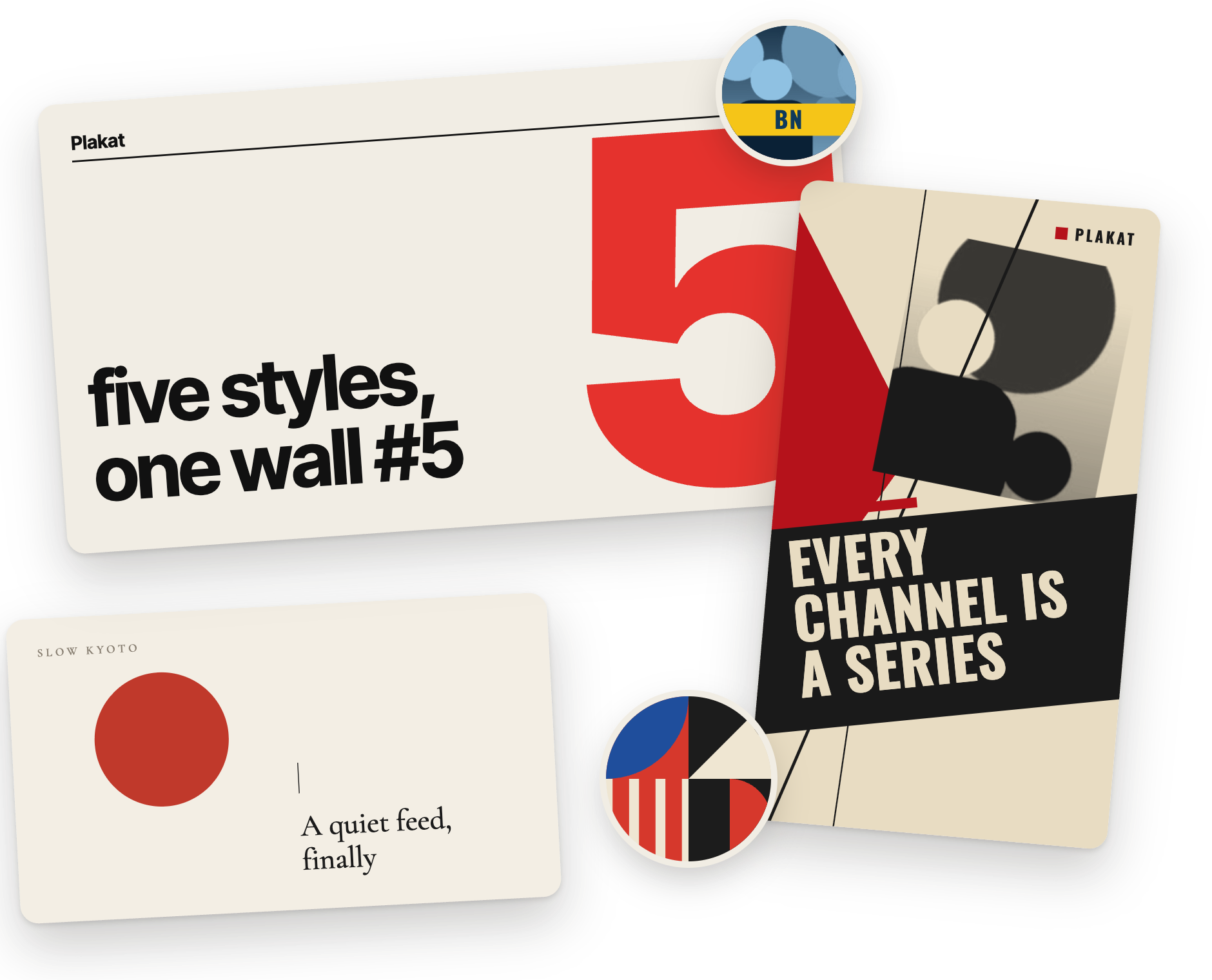 A collage of generated posters: a Swiss poster with a giant red 5, a Constructivist Short reading Every channel is a series, a Ma poster with a single red circle, and two round channel avatars