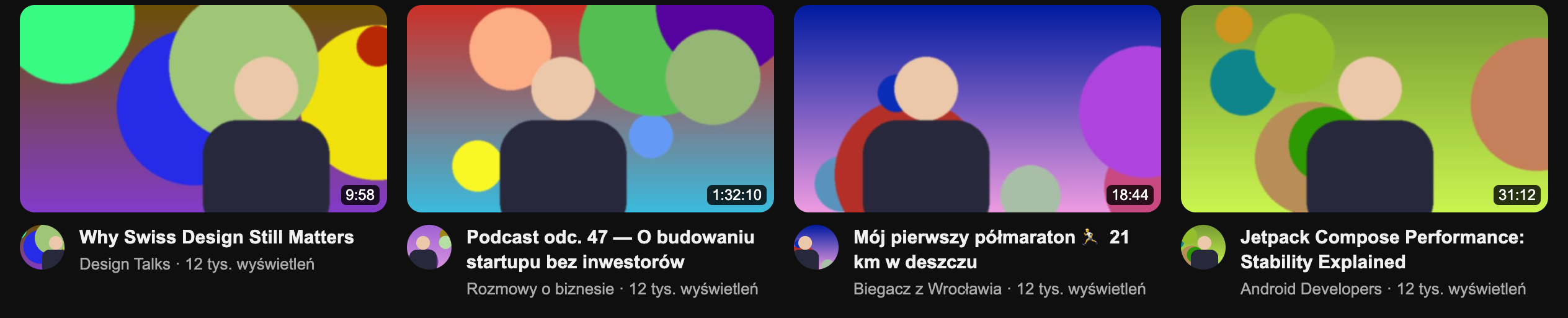 The same YouTube feed with Plakat off: the original thumbnails and avatars