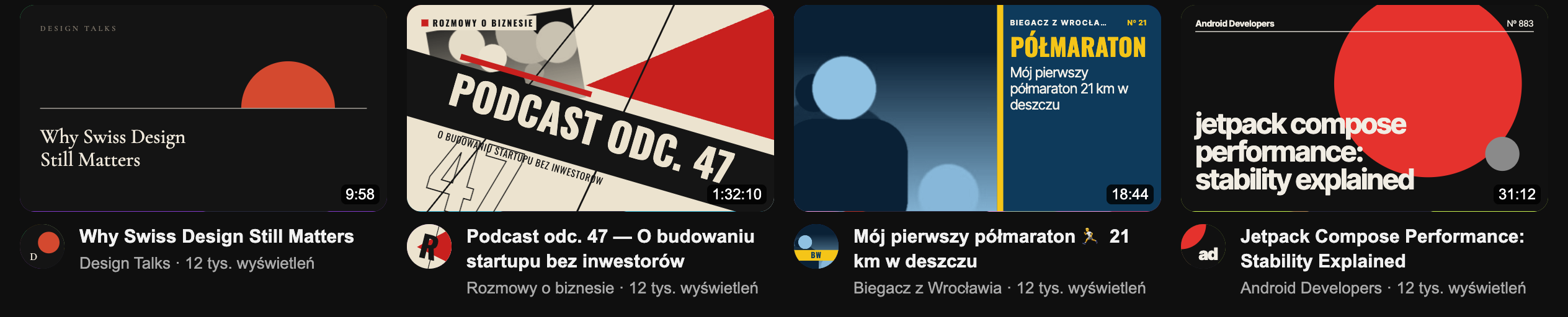 A YouTube feed with Plakat on: four videos as posters in Ma, Constructivist, Jazz and Swiss styles, each with a matching channel avatar